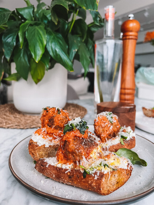 Vodka Sauce Meatballs on Ricotta Toast 