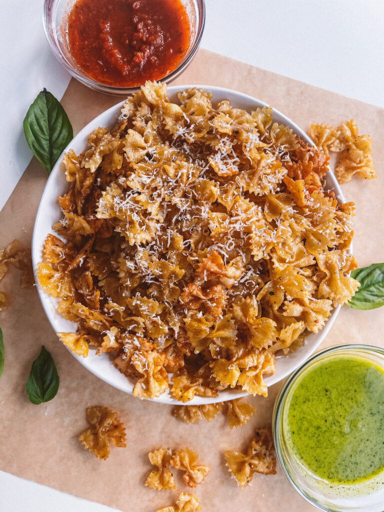 Viral Pasta Chips with homemade pesto